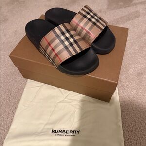 Burberry Black Footbed Beige Check Slide Sandals